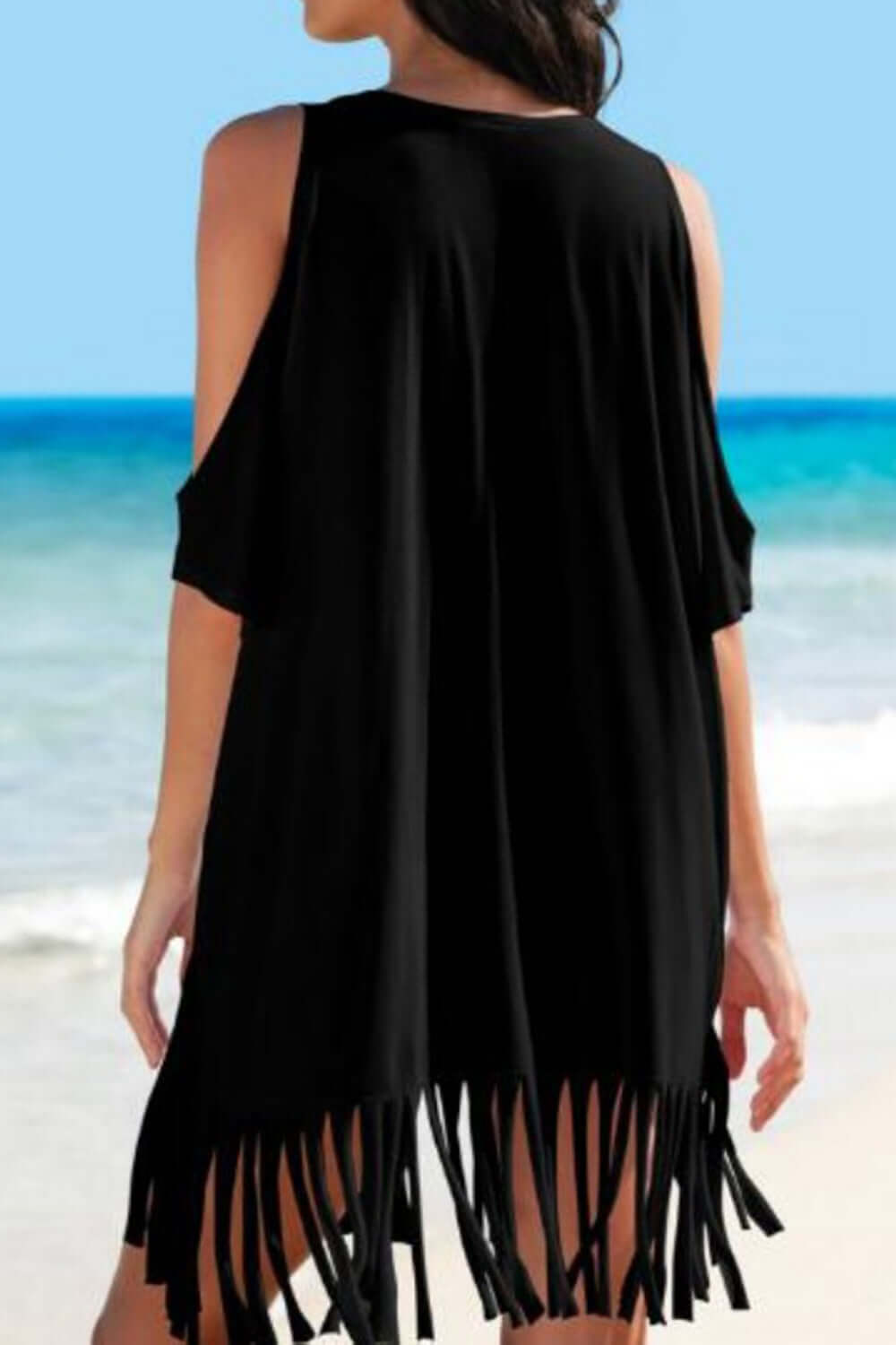 BELLA ROAD Fringe V-Neck Cold Shoulder Cover Up at Bella Road