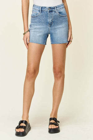 High waist rhinestone decor denim shorts by Judy Blue Jeans in full size, paired with black sandals for a chic casual look