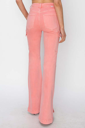 Back view of pink high-rise side slit cargo bootcut jeans with cargo pockets, showcasing trendy Risen Jeans style