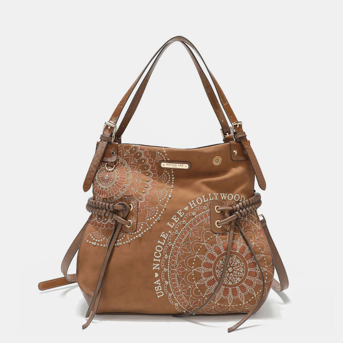 Nicole Lee USA medium hobo bag with side braided tassel, rhinestone embroidery, and vegan leather material, featuring a recessed zip top closure.