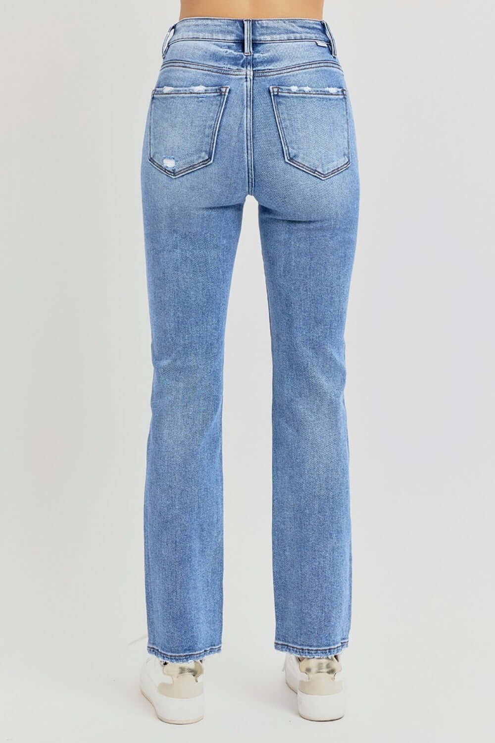 Risen full size distressed high-rise ankle straight jeans rear view showing vintage-style distressed details and straight leg cut.