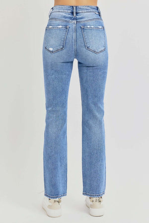 Risen full size distressed high-rise ankle straight jeans rear view showing vintage-style distressed details and straight leg cut.