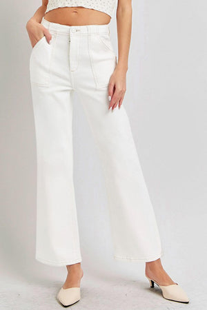 White high-rise ankle flare jeans with patch pockets, featuring a trendy and flattering silhouette for a casual look.