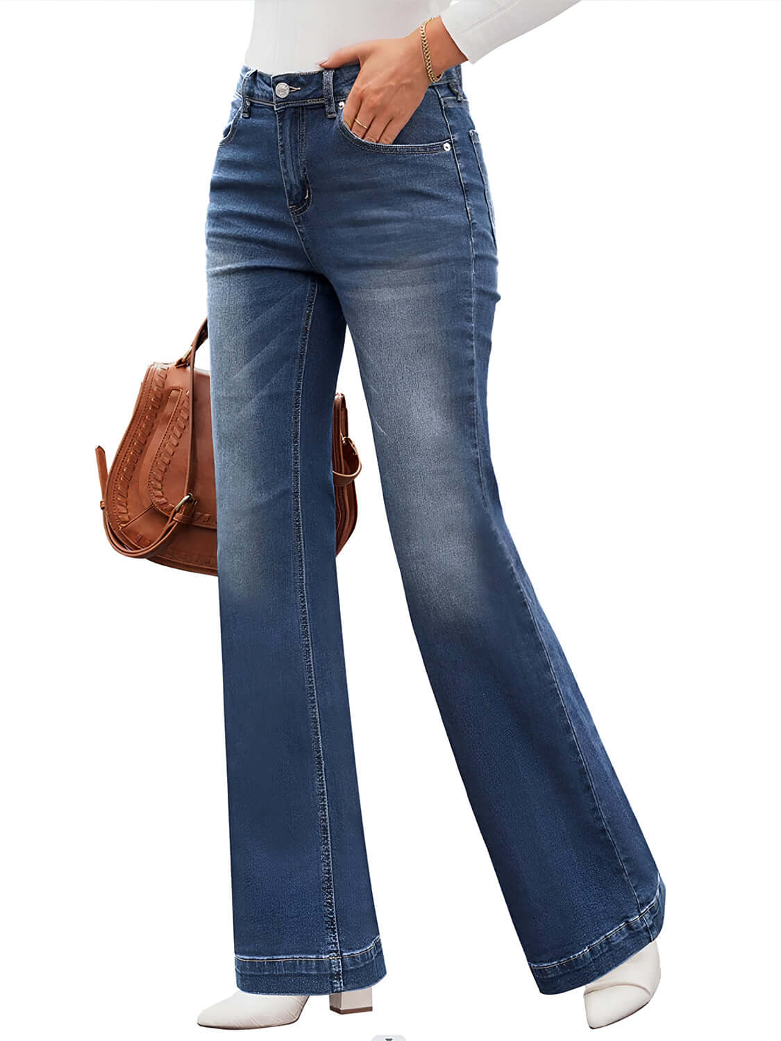 High Waist Bootcut Jeans with Pockets in moderate stretch denim, featuring buttoned closure. Perfect for stylish comfort. Shop now!