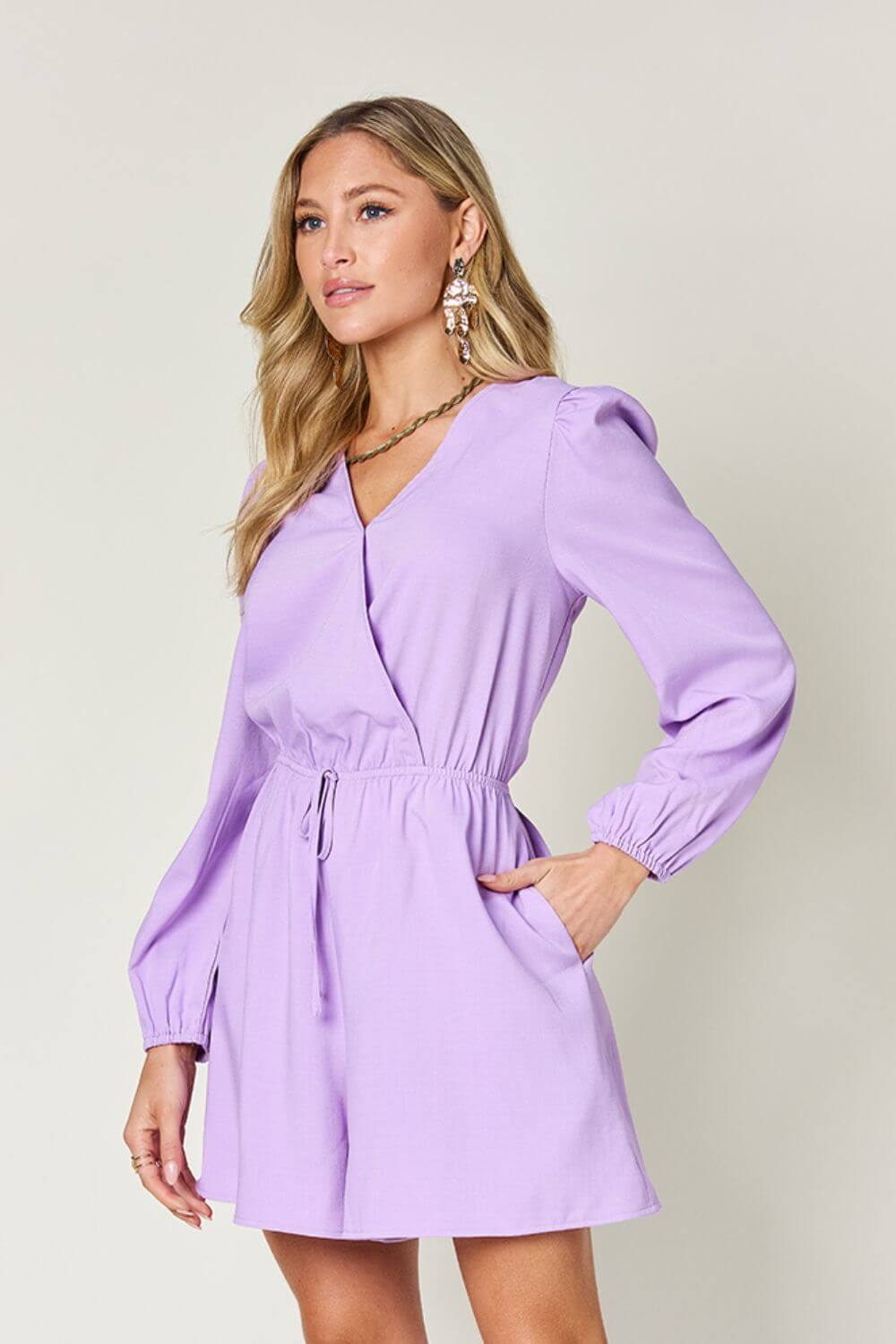 DOUBLE TAKE Full Size Drawstring Long Sleeve Romper at Bella Road