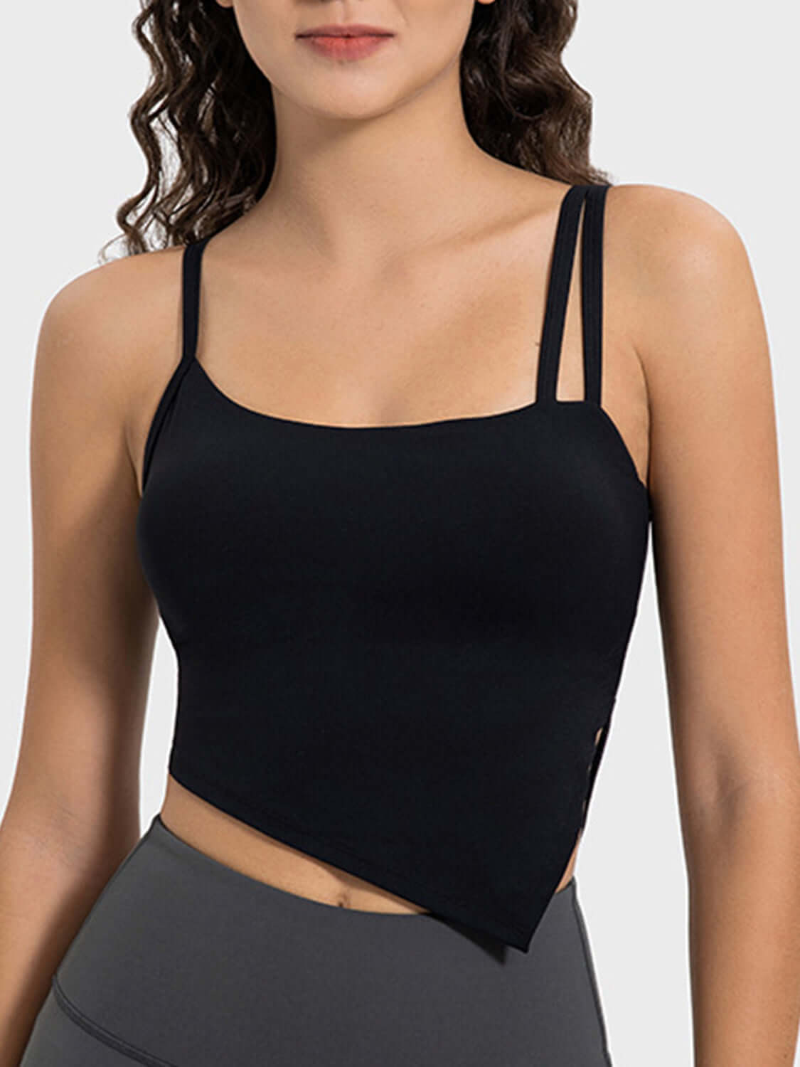 Black Millennia Slit Asymmetrical Neck Active Cami with stylish straps, perfect for workouts and trendy activewear.