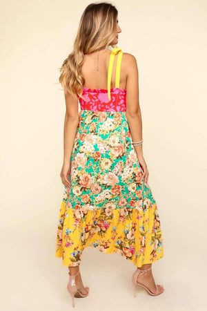 Floral Color Block Maxi Dress with Pockets