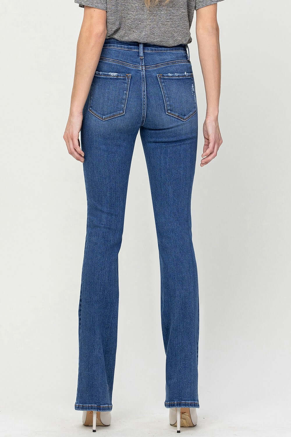 High Waist Bootcut Jeans in blue denim, back view showcasing high waist and classic bootcut style.