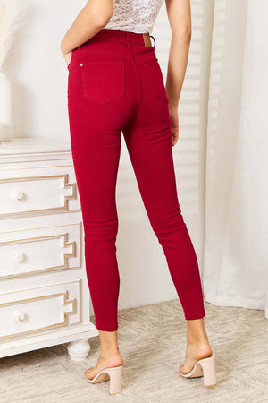 High Waist Tummy Control Skinny Jeans in red by Judy Blue - back view on model