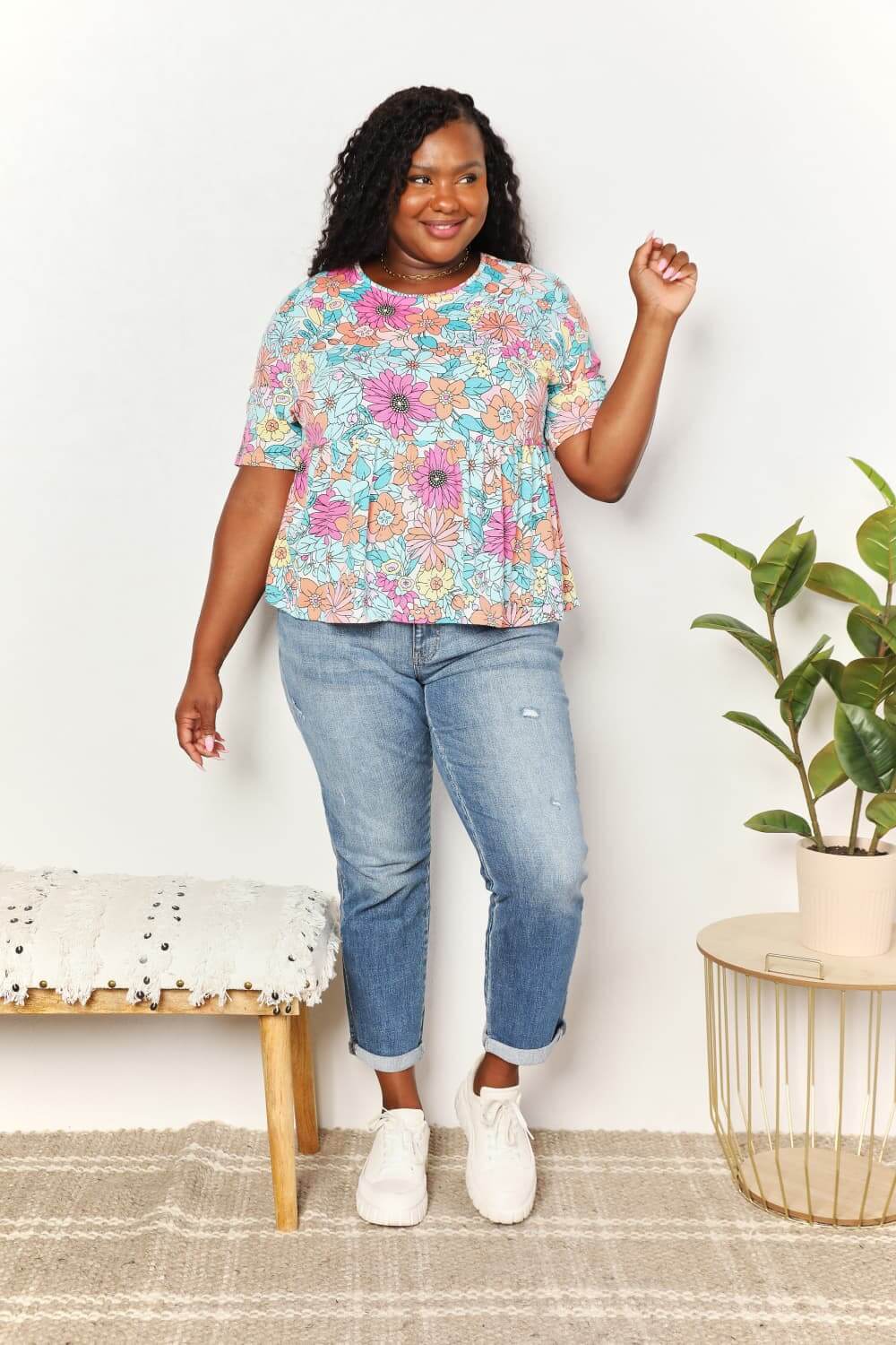 DOUBLE TAKE Floral Round Neck Babydoll Top at Bella Road