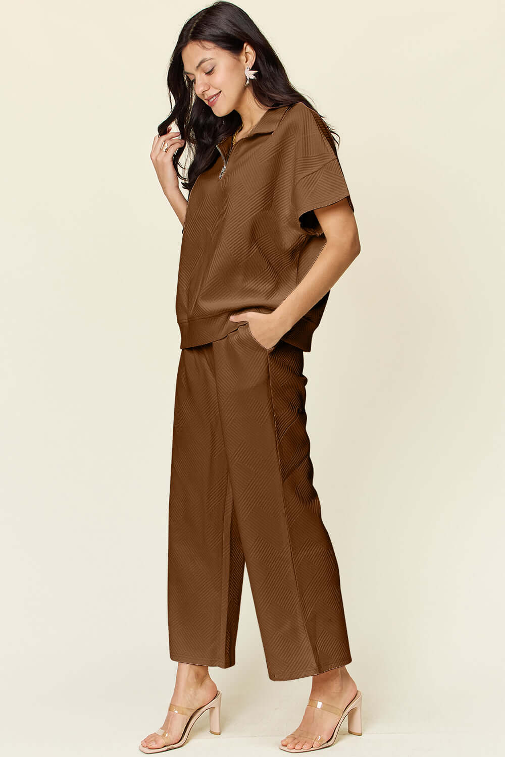 DOUBLE TAKE Full Size Texture Half Zip Short Sleeve Top and Pants Set at Bella Road