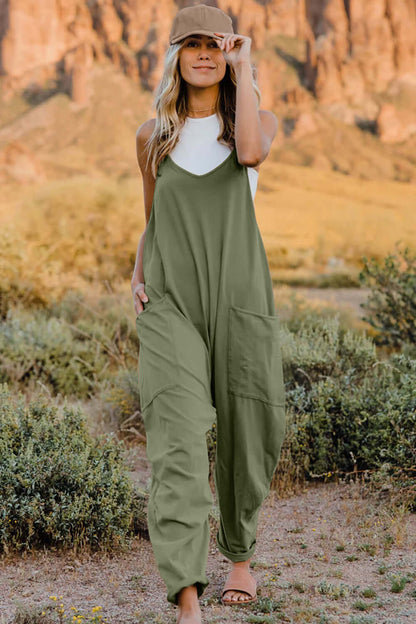 DOUBLE TAKE Full Size V-Neck Sleeveless Jumpsuit with Pockets at Bella Road