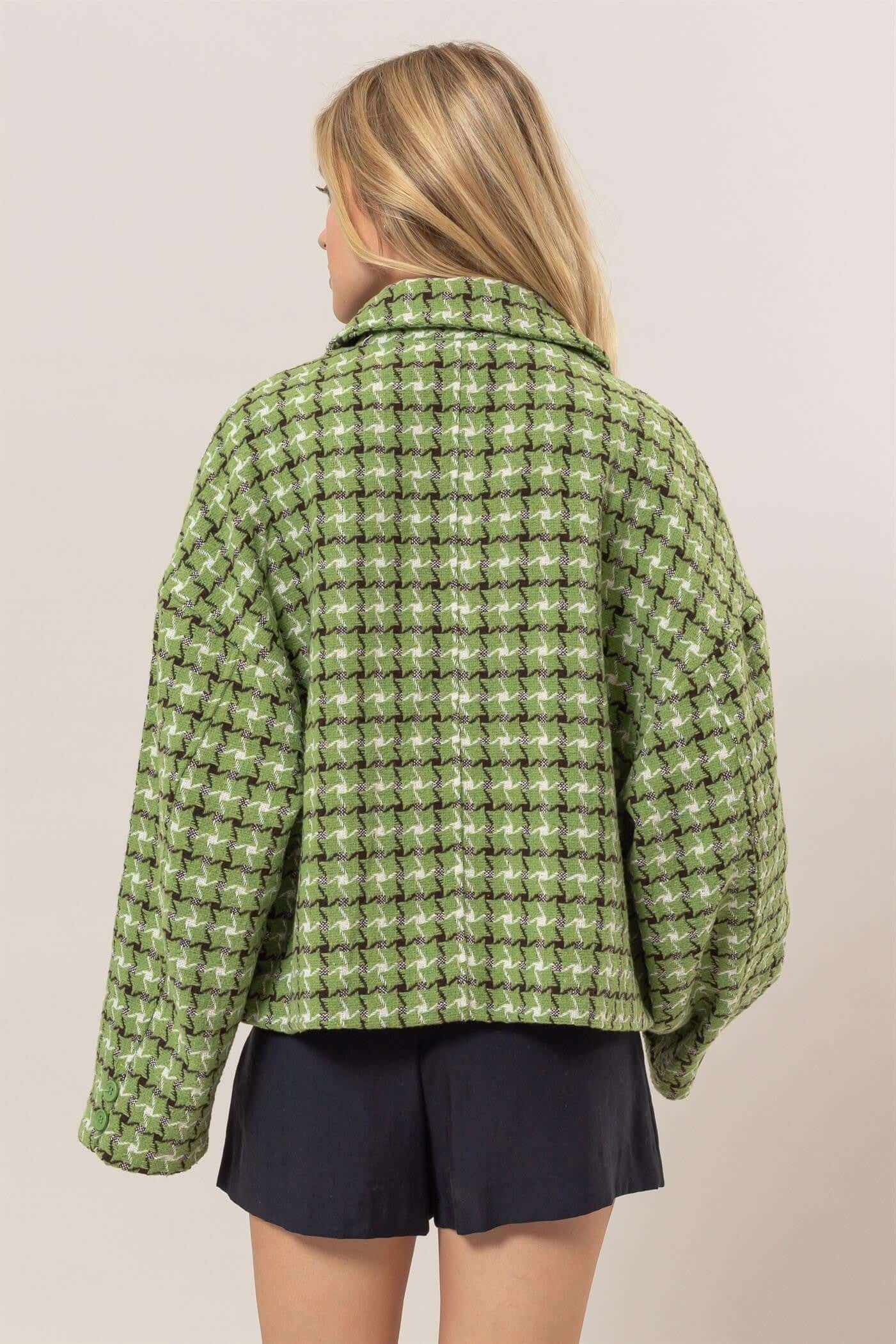 Back view of the stylish HYFVE tweed plaid collared neck jacket in green, perfect for layering over any outfit.