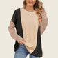 Woman wearing Double Take Texture Contrast Round Neck Long Sleeve T-Shirt in trendy color combo