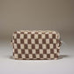 Stylish checkered pattern knitted cosmetic pouch with zipper closure, perfect for organizing makeup essentials.