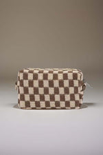 Stylish checkered pattern knitted cosmetic pouch with zipper closure, perfect for organizing makeup essentials.