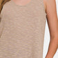 Woman wearing a beige Curved Hem Round Neck Tank, perfect for summer casual outfits with denim shorts or skirts.