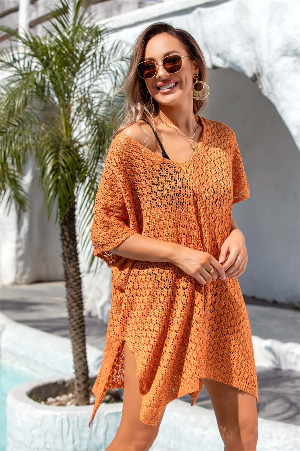 BELLA ROAD Openwork Slit Scoop Neck Cover Up at Bella Road