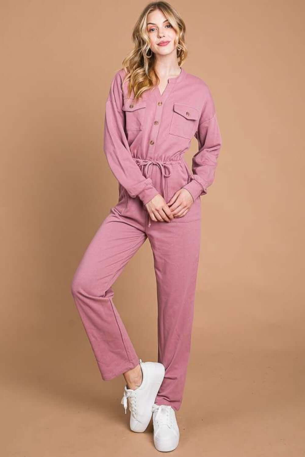 CULTURE CODE Full Size Button Up Drawstring Waist Straight Jumpsuit at Bella Road