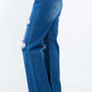 High Waist Distressed Wide Leg Jeans with Button Waist Closure and Distressed Trims in Non-Stretch Denim Fabric