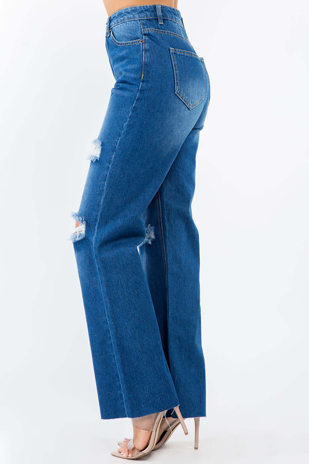 High Waist Distressed Wide Leg Jeans with Button Waist Closure and Distressed Trims in Non-Stretch Denim Fabric