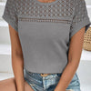 Waffle-Knit Round Neck Short Sleeve Top - Dark Gray