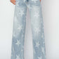 Stylish Risen Jeans full-size star-embellished raw hem wide leg jeans with an edgy and whimsical charm.