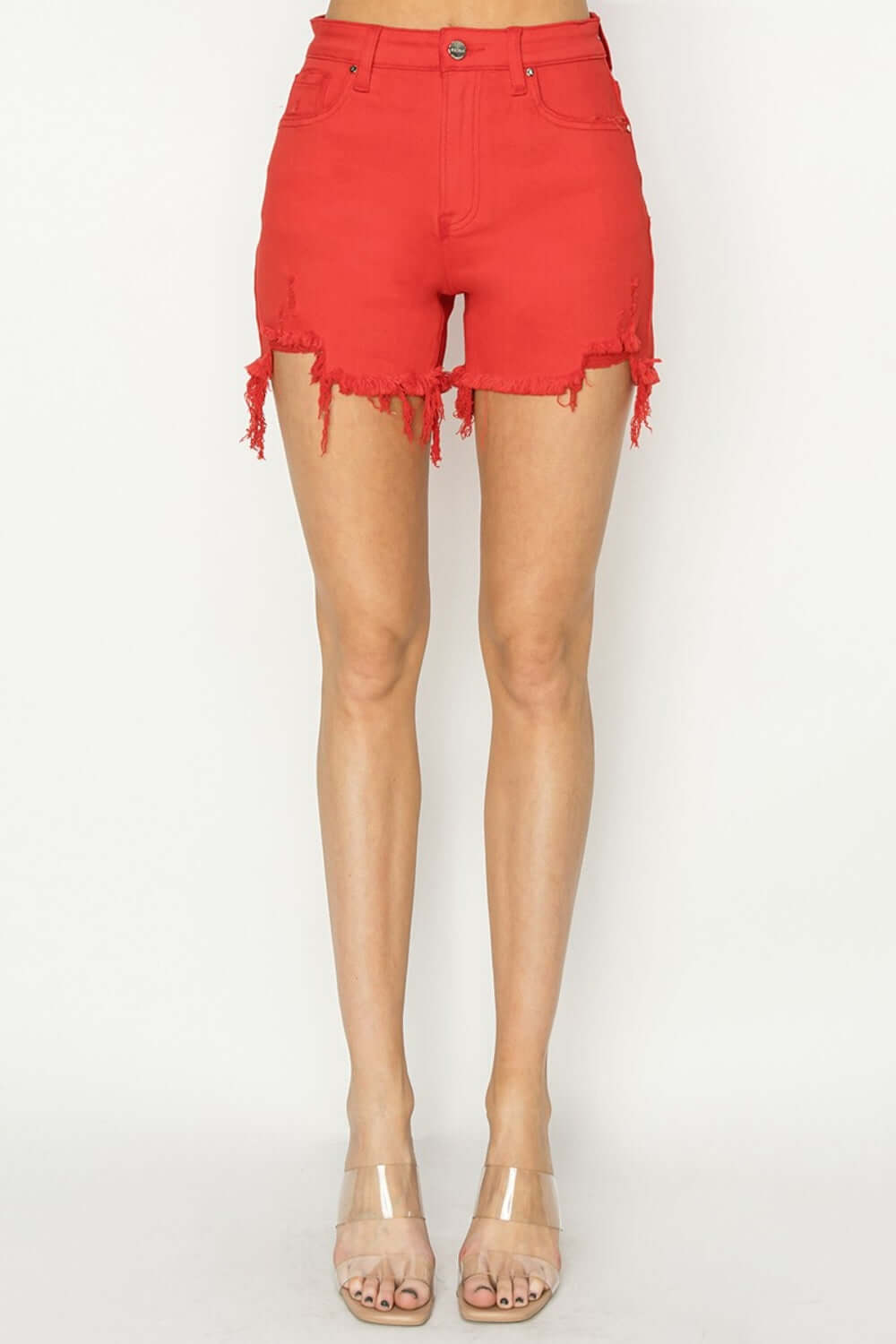 High Rise Distressed Denim Shorts in vibrant red with a flattering high waist and edgy distressed hem from Risen Jeans.