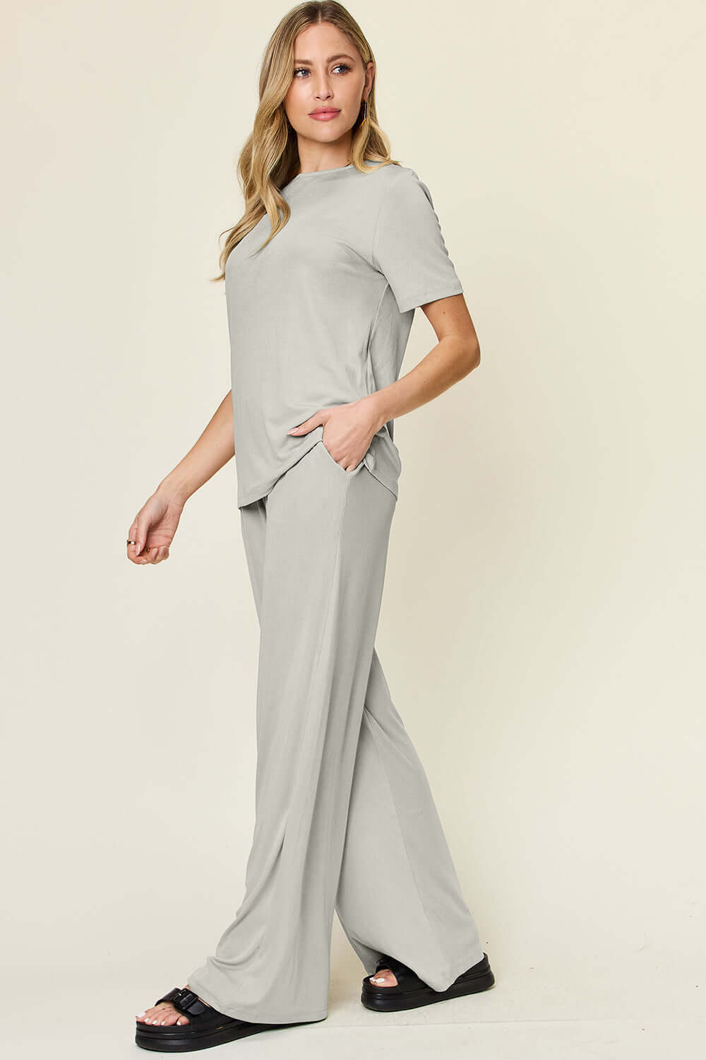 DOUBLE TAKE Full Size Round Neck Short Sleeve T-Shirt and Wide Leg Pants Set at Bella Road