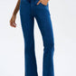 Stylish blue bootcut jeans with pockets and stretchy fit, perfect for a trendy yet comfy look.