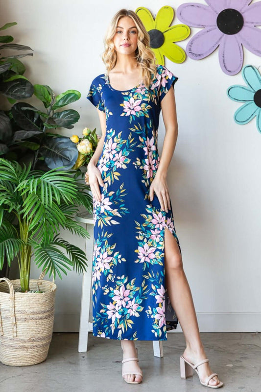 HEIMISH Full Size Floral Short Sleeve Slit Dress at Bella Road