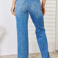 High Waist Distressed Straight-Leg Jeans by Judy Blue in light blue denim, back view showing flattering fit and trendy distressed details