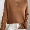 Bella Road Pearl Detail Round Neck Long Sleeve Sweater - Camel