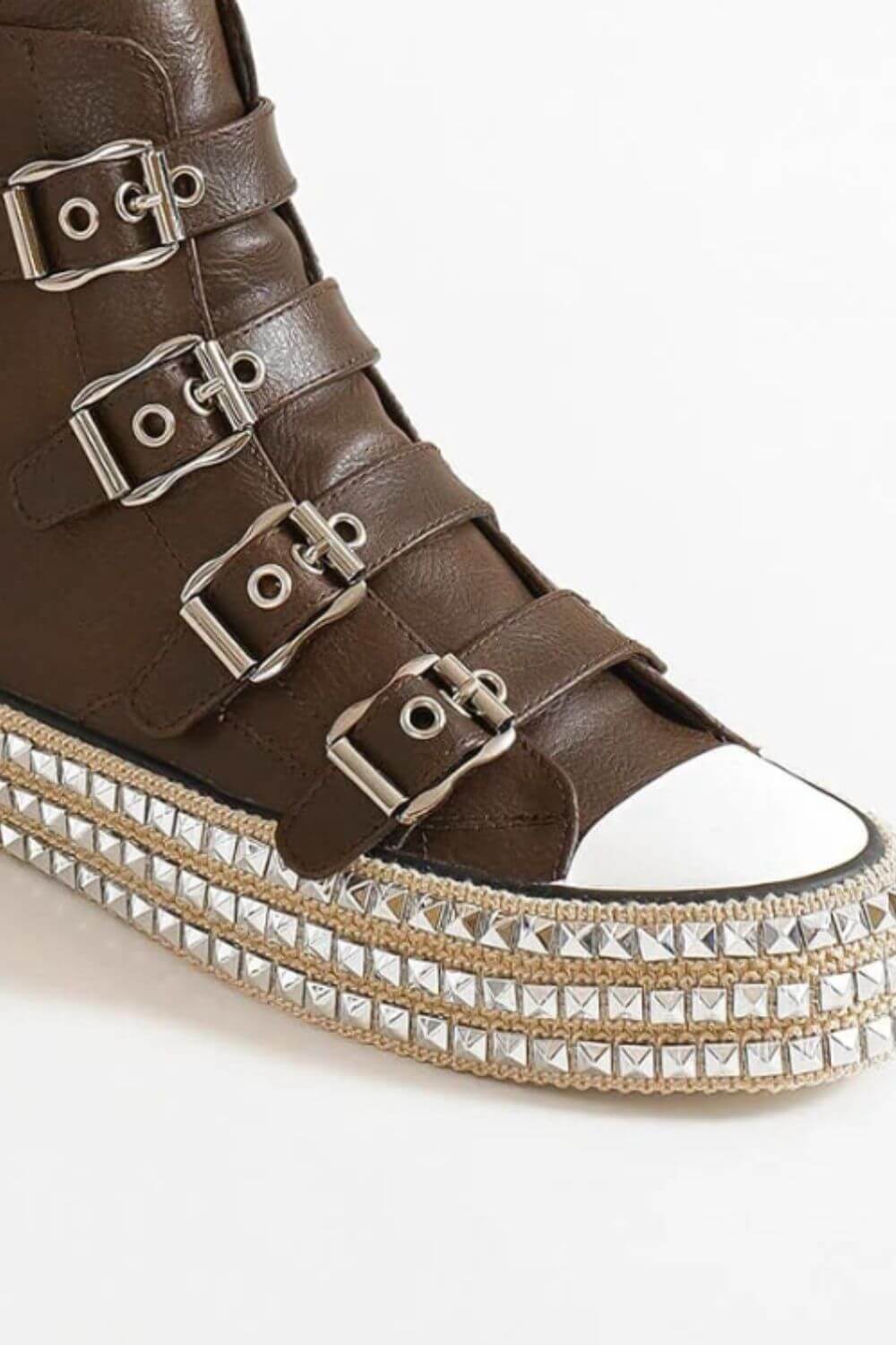 Brown multi-buckle strap studded platform sneakers with a shiny decorative sole for a bold, edgy look.