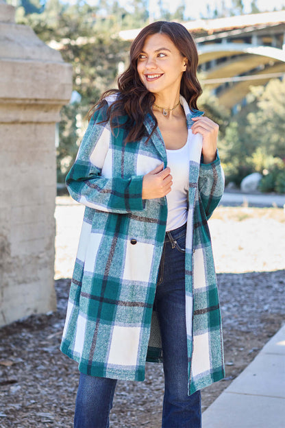 DOUBLE TAKE Full Size Plaid Button Up Lapel Collar Coat at Bella Road