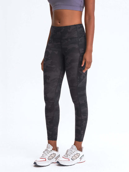 Millennia Wide Waistband Leggings in black camo, perfect for workouts with pockets and ultimate comfort.