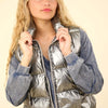 VERY J Shiny Metallic Zip Up Puffer Vest - Silver