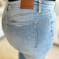 High Waist Wide Leg Judy Blue Jeans featuring back pocket and leather brand patch in light wash denim