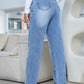 Woman wearing Bella Road Straight Jeans with pockets, showcasing a stylish and comfortable fit in a modern living room.