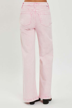 High Rise Tummy Control Wide Leg Jeans in Light Pink by Risen Jeans - Back View