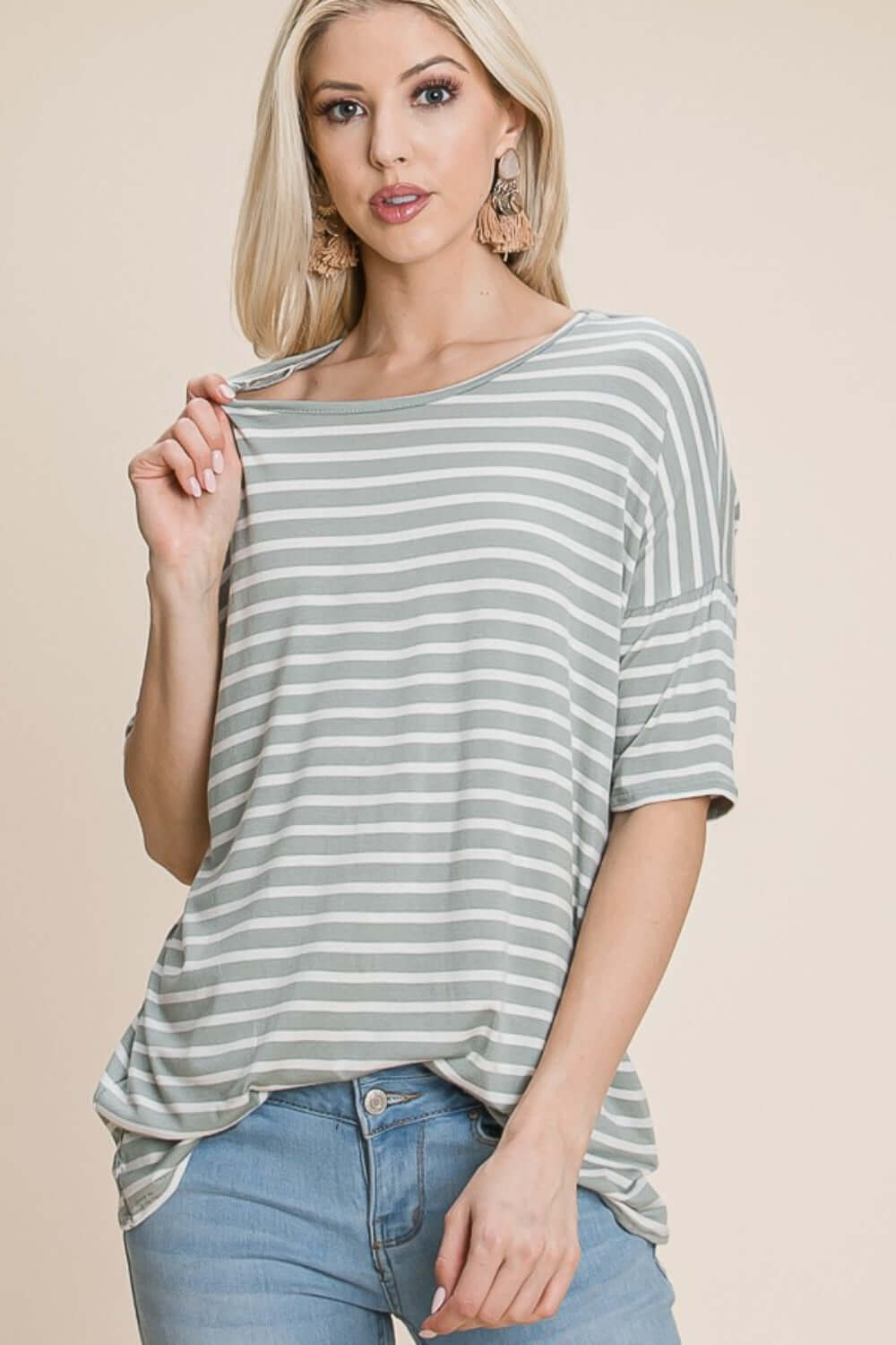 BOMBOM Striped Round Neck T-Shirt at Bella Road