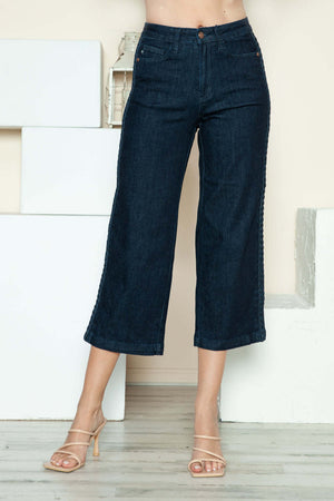 Judy Blue crop wide leg jeans with side seam braid detail, contemporary denim style.