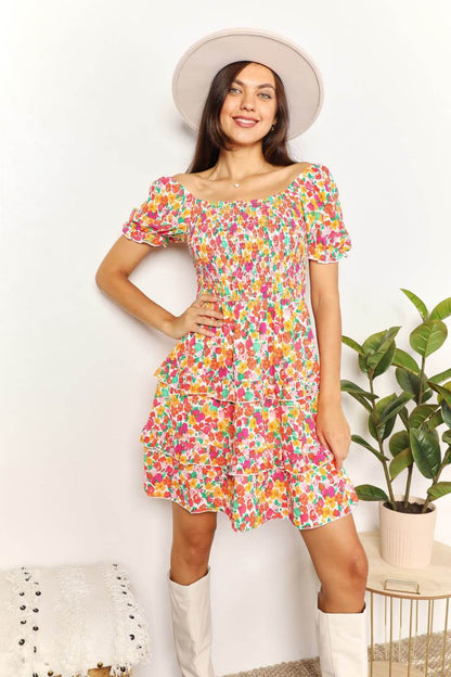 DOUBLE TAKE Smocked Sweetheart Neck Flounce Sleeve Mini Dress at Bella Road