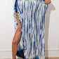 Woman modeling slit tie-dye half sleeve cover up in blue and white, made of 100% cotton with slight stretch, perfect for beach or casual wear.