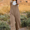 V-Neck Sleeveless Jumpsuit with Pockets | Full Size - Tan