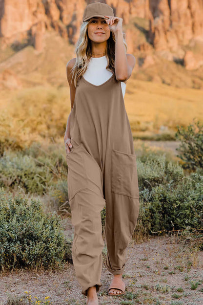 DOUBLE TAKE Full Size V-Neck Sleeveless Jumpsuit with Pockets at Bella Road