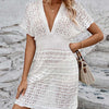 Openwork Plunge Short Sleeve Cover-Up Dress - White