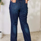 Woman wearing Judy Blue Button-Fly Straight Jeans with high waist and back pockets, showcasing a flattering fit and slightly stretchy material