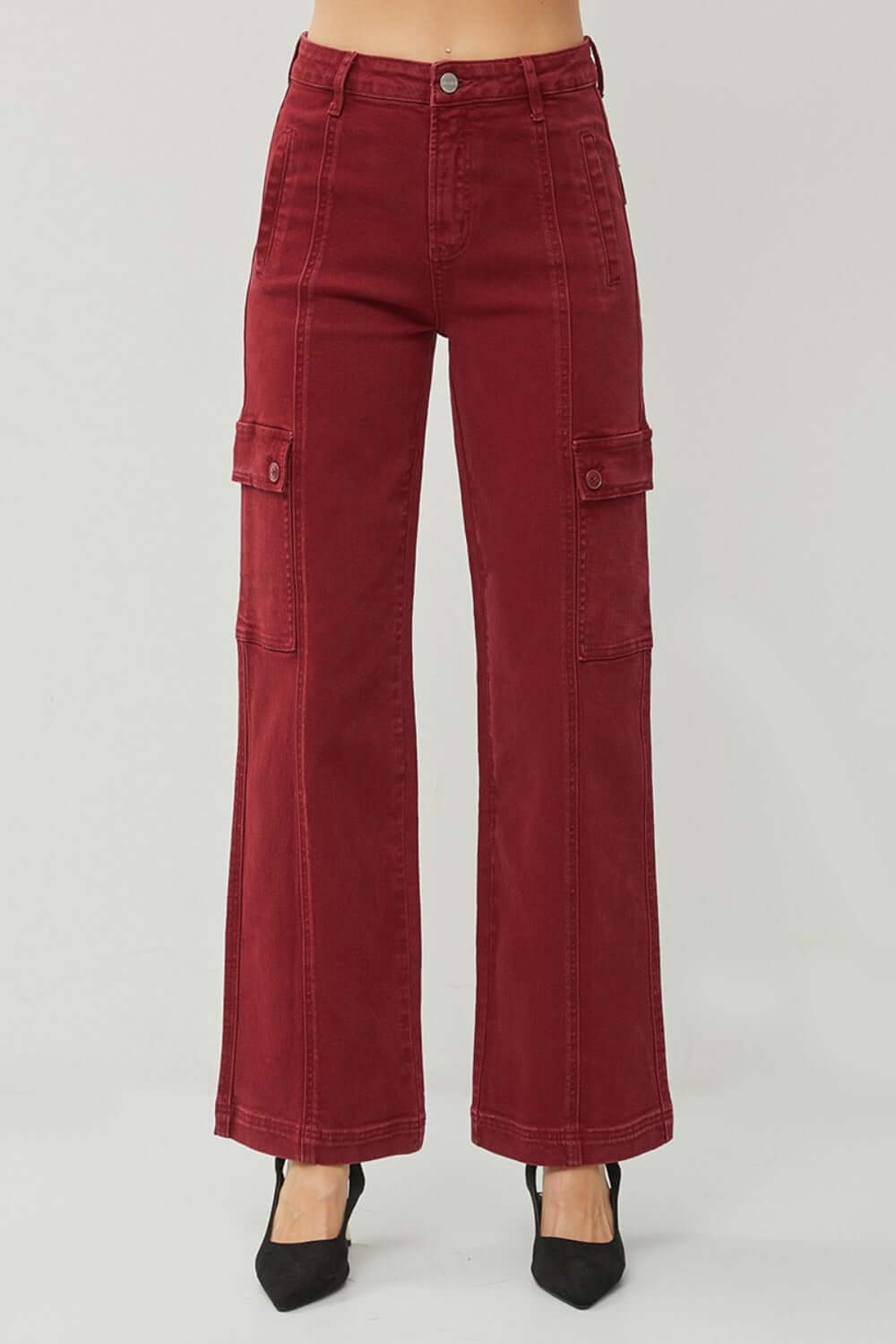 Risen full size high rise wide leg cargo jeans in red with stylish cargo pockets and modern flair, perfect for casual outings.