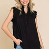 Frill Edge Smocked Sleeveless Top | Full Size - Black